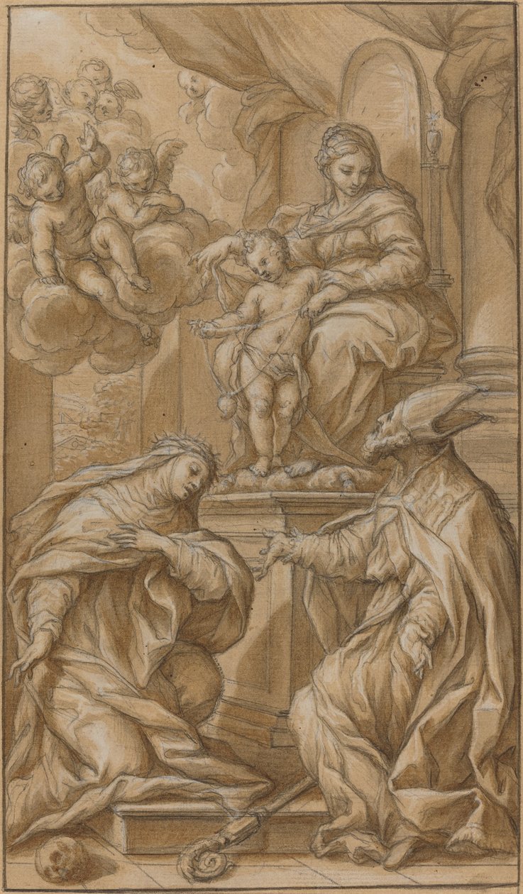 İki Azizin Taptığı Madonna ve Çocuk Tahtına Geçti by Giuseppe Nicola Nasini