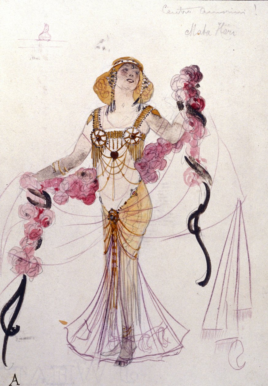 Giuseppe Palanti (1881-1946) tarafından 1912 yılında “Bacchus (Bacchus) ve Gambrinus” topu için tasarlanan Mata Hari kostümü. Milano