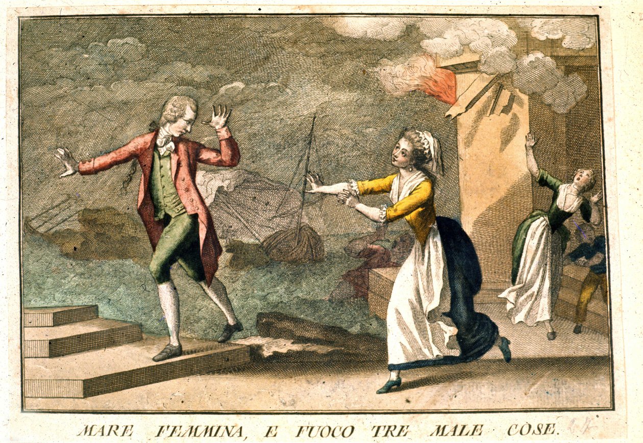 “Deniz, kadın ve ateş: üç şer” sözü. Bir dizi atasözünü gösteren 18. yüzyıl gravürü. Giuseppe Piattoli (1740/50-1818). by Giuseppe Piattoli