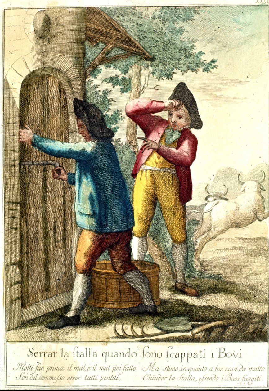 "Atlar kaçtıktan sonra ahırı kapatmanın bir anlamı yok." Bir dizi atasözünü gösteren 18. yüzyıl gravürü. Giuseppe Piattoli (1740/50-1818) by Giuseppe Piattoli