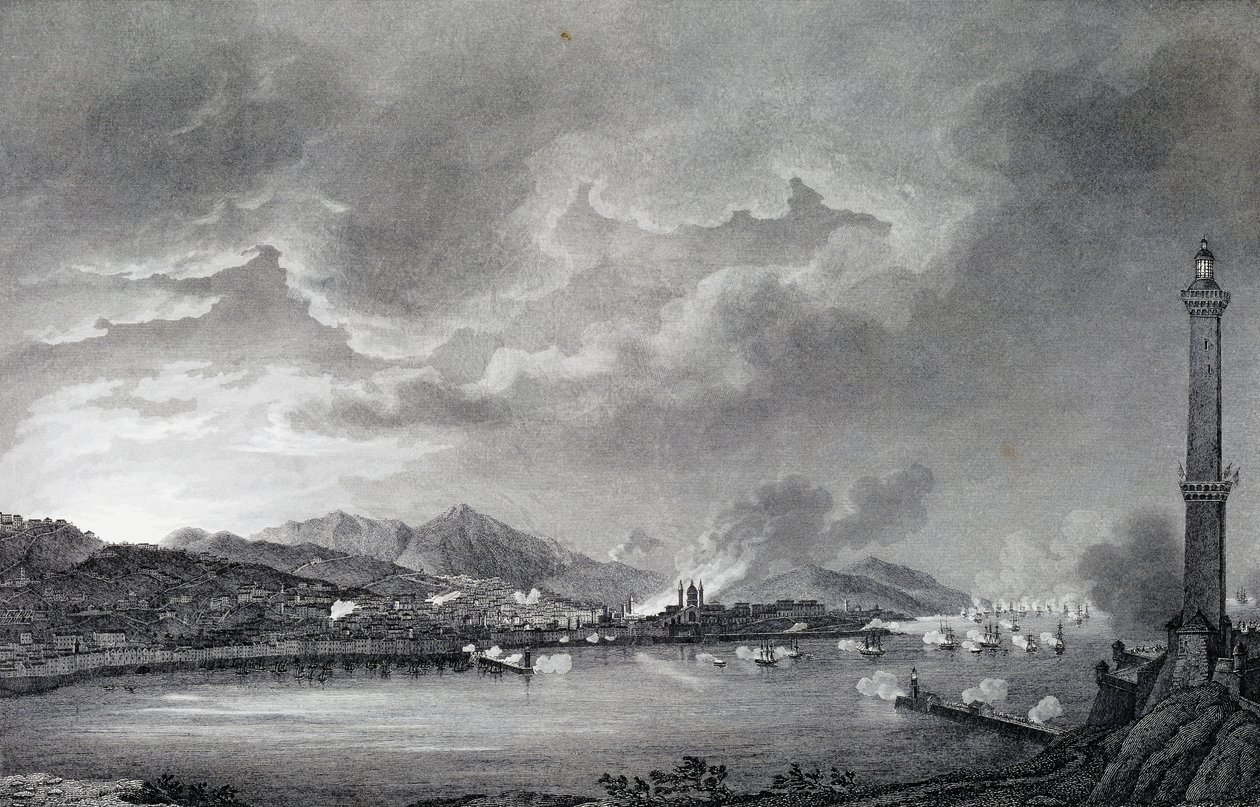 Cenova İngiliz filosu tarafından bombalanıyor, 25 Mayıs 1800, Giuseppe Pietro Bagetti (1764-1831), Paris tarafından yapılan çizimden çelik gravür by Giuseppe Pietro Bagetti