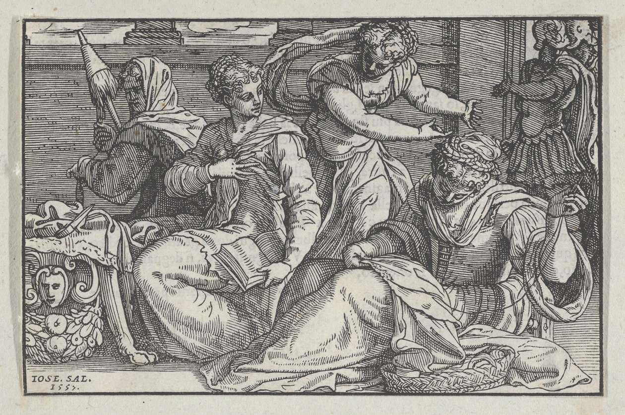 Lucretia, kızlarına iğne işi öğretiyor, 1557. by Giuseppe Porta