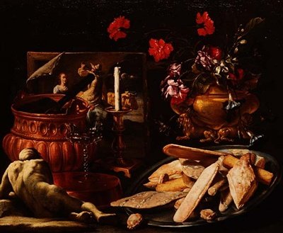 Yaldızlı Vazoda Çiçeklerle Natürmort, Bir Tabakta Bir Tablo ve Pastalar (tuval üzerine yağlı boya) by Giuseppe Recco