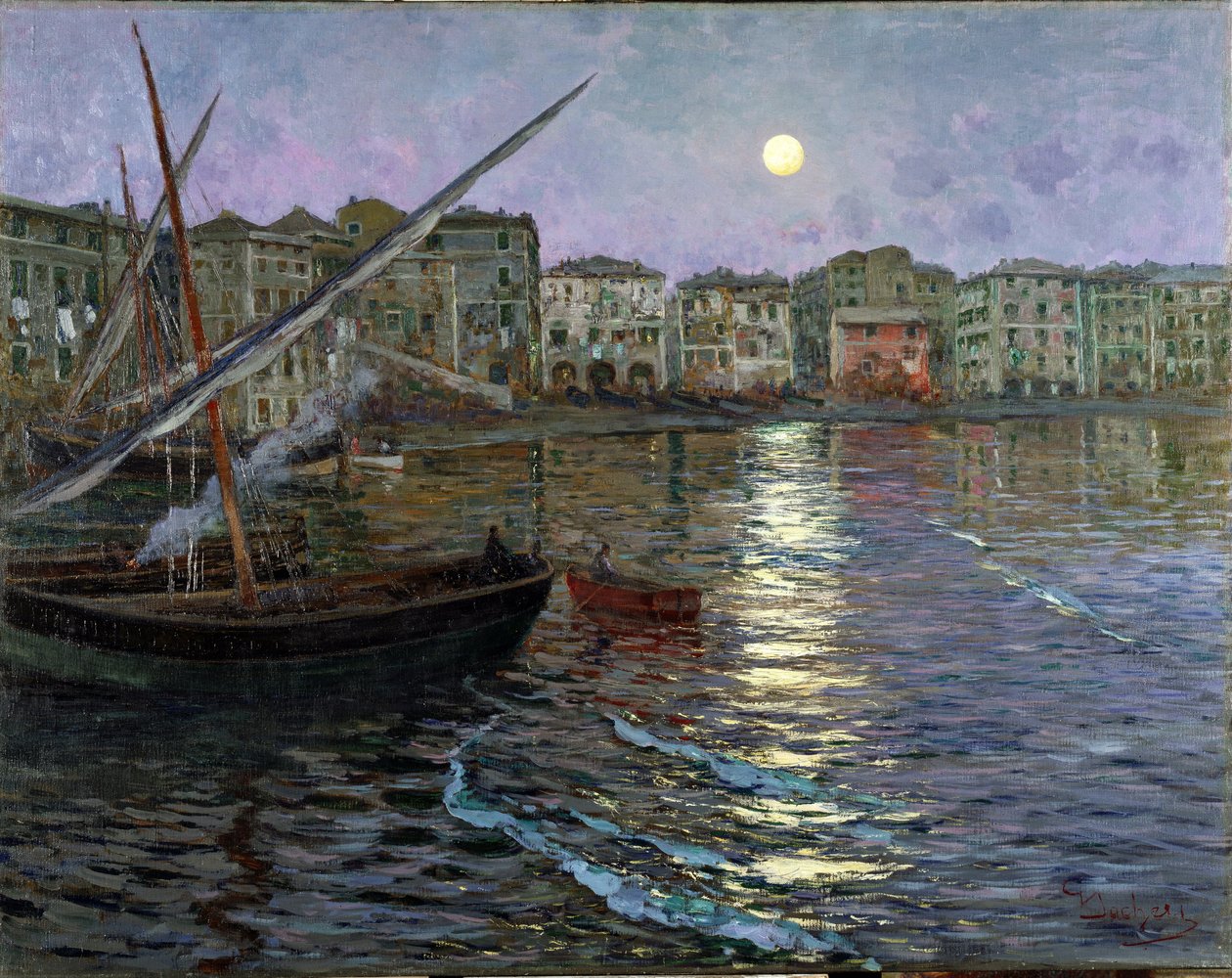Ay Işığında Poesia Lunare Limanı (Bir limanın ay ışığından görünümü) (tuval üzerine yağlı boya) by Giuseppe Sacheri