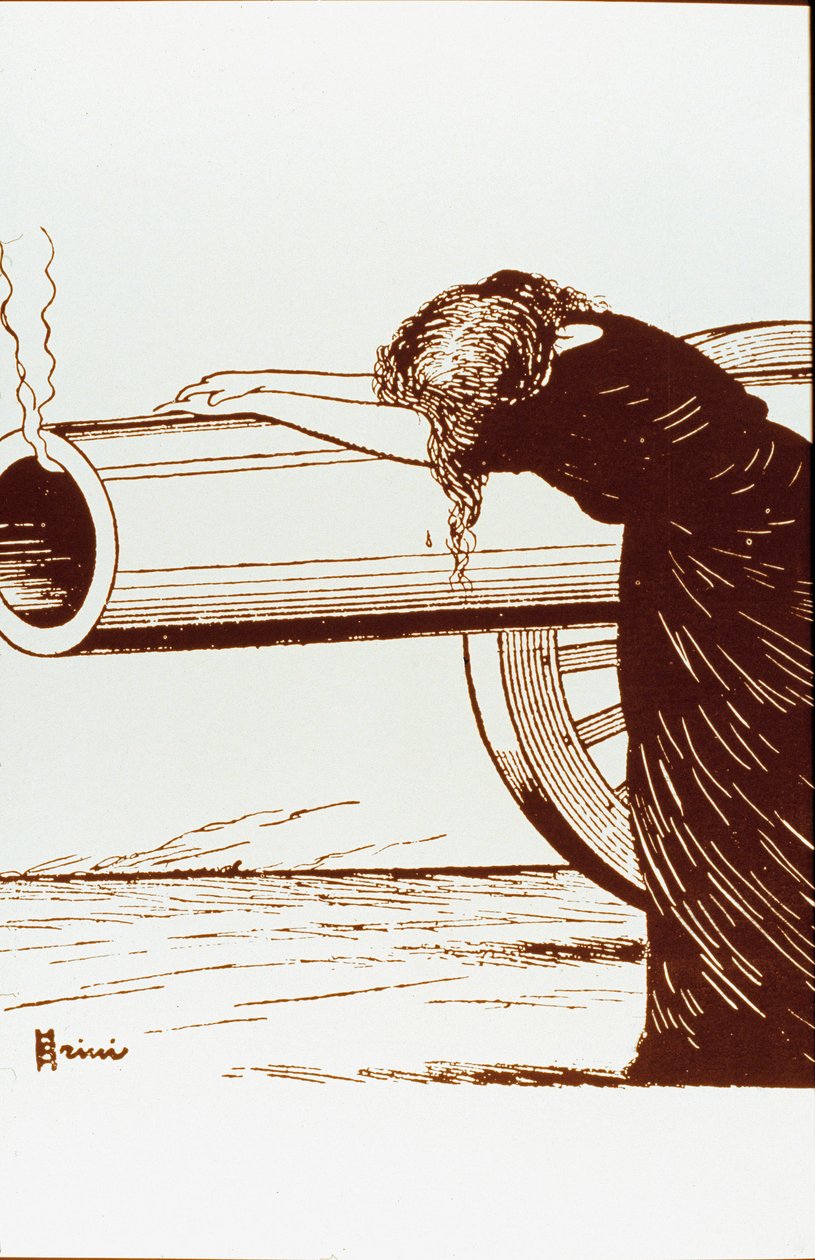 Birinci Dünya Savaşı: Bir savaş alegorisi, bir kadın, muhtemelen dul, umutsuzluk içinde, hala dumanı tüten bir topa güveniyor. Poster Giuseppe Scalarini (1873-1948) 1914 Özel Koleksiyon Dikkat! Bu çalışmanın kullanımı, bir yetkiliye izin verilmesi talebine by Giuseppe Scalarini