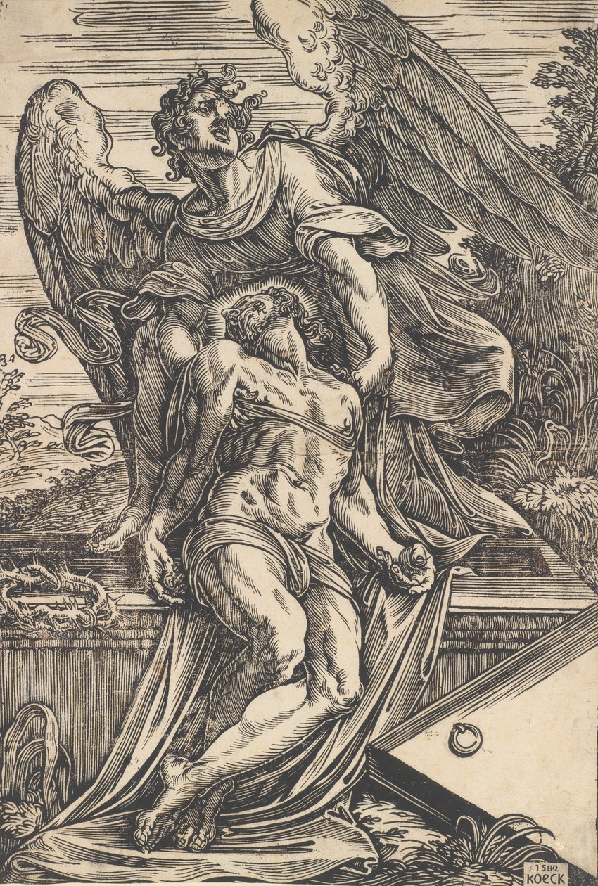 Bir melek tarafından desteklenen Ölü İsa, 1582. by Giuseppe Scolari