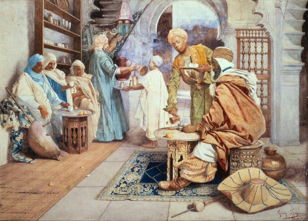 Bir Arap Kafe (kağıt üzerine sulu boya) by Giuseppe Signorini