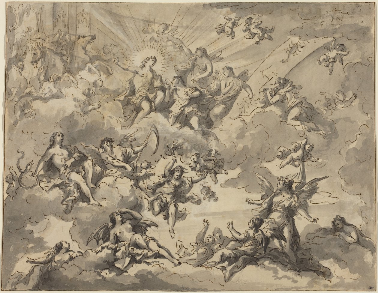 Apollo ve İlham Perileri (serilmiş kağıt üzerine grafit üzerine gri yıkama ile kalem ve siyah mürekkep) by Giuseppe Valeriani