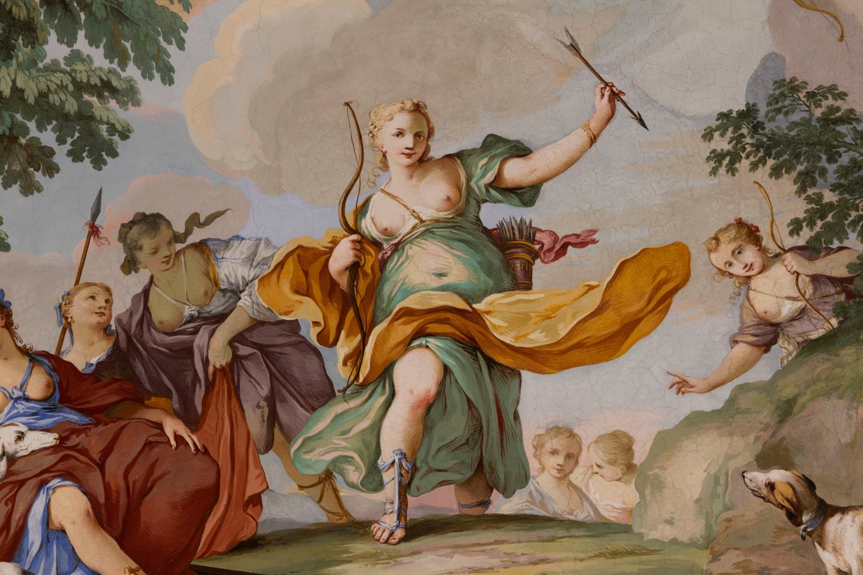 Diana efsanesinin Domenico ve Giuseppe Valeriani tarafından temsilleri, fresk, yatak odasının tonozlu tavanı, King