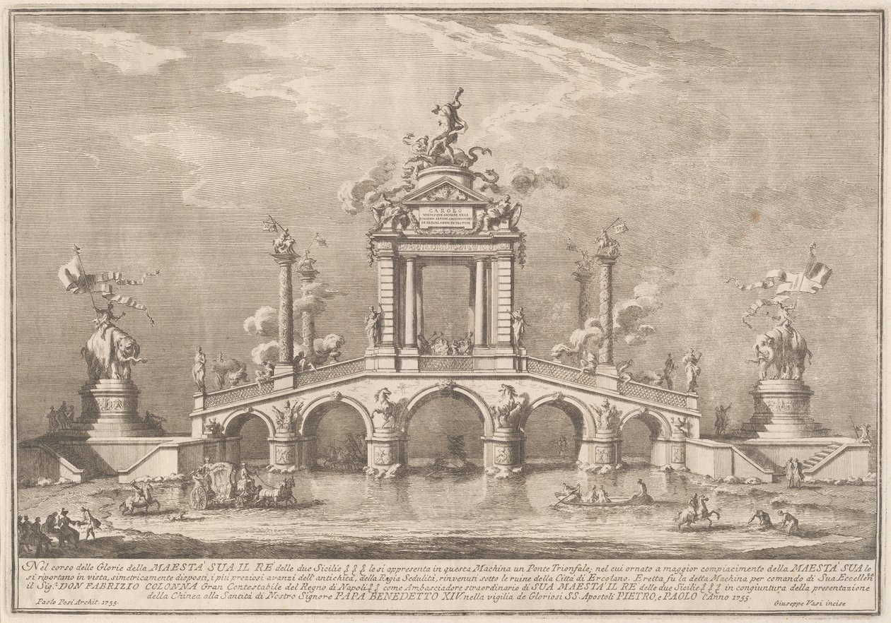 Ercolano şehrinin kalıntılarıyla süslenmiş bir Zafer Köprüsü, 1755. by Giuseppe Vasi