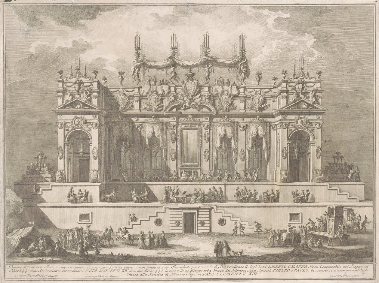 1764 Çini için Seconda Macchina: Geceleri Aydınlatılmış Muhteşem Bir Galeri by Giuseppe Vasi, after Giuseppe Palazzi, after Paolo Posi