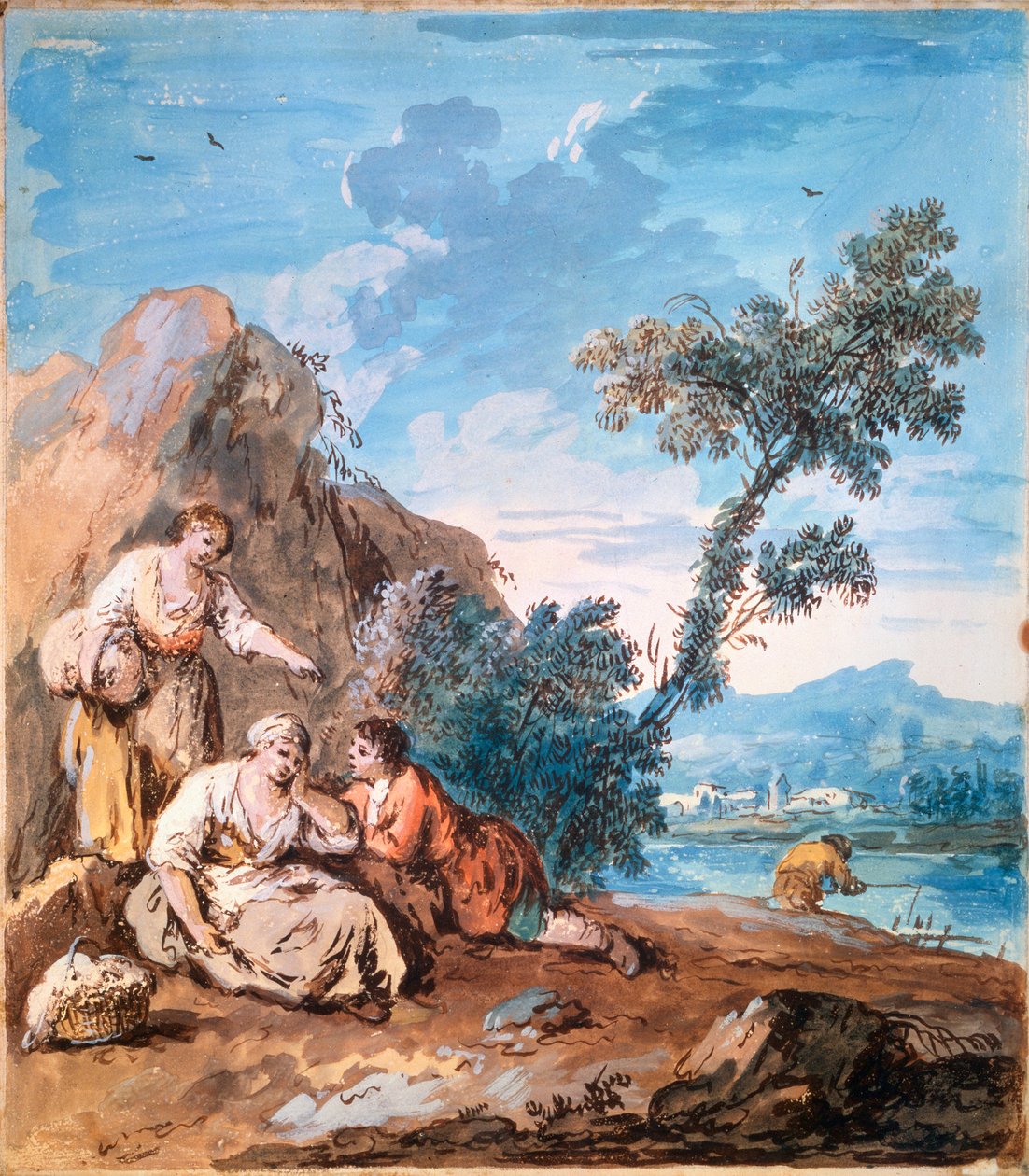 Bir nehir kıyısında dinlenen üç köylü, c1750. by Giuseppe Zais