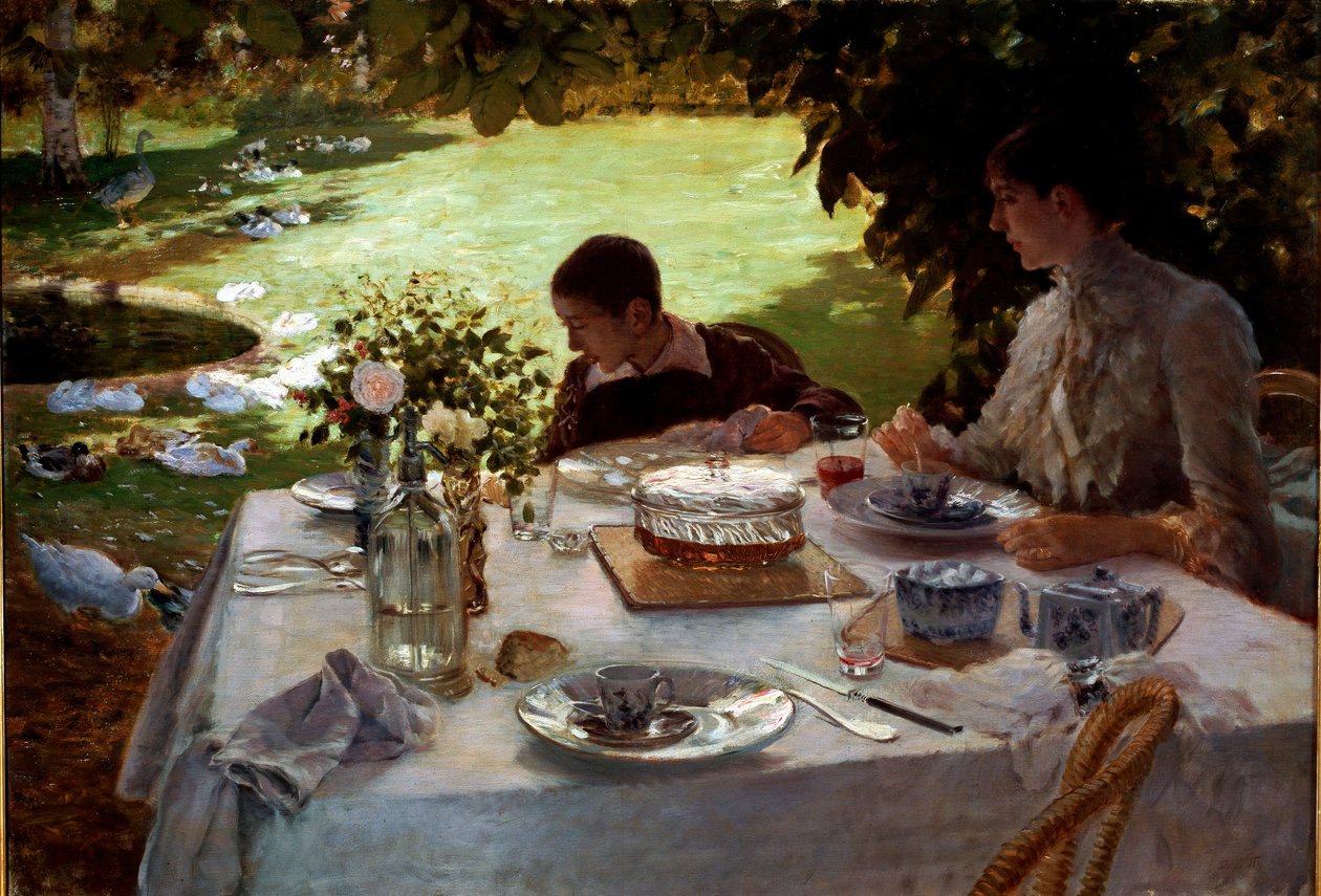 Bahçede kahvaltı Bir anne ve oğlu kahvaltı için hazırlanmış bir masada oturmuş bahçede kaz ve ördekleri izliyorlar. Giuseppe de Nittis
