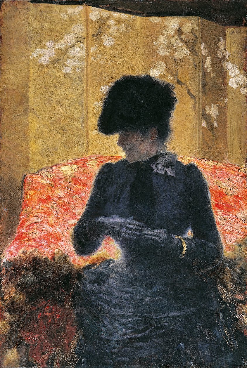 Kadın kırmızı kanepede by Giuseppe or Joseph de Nittis