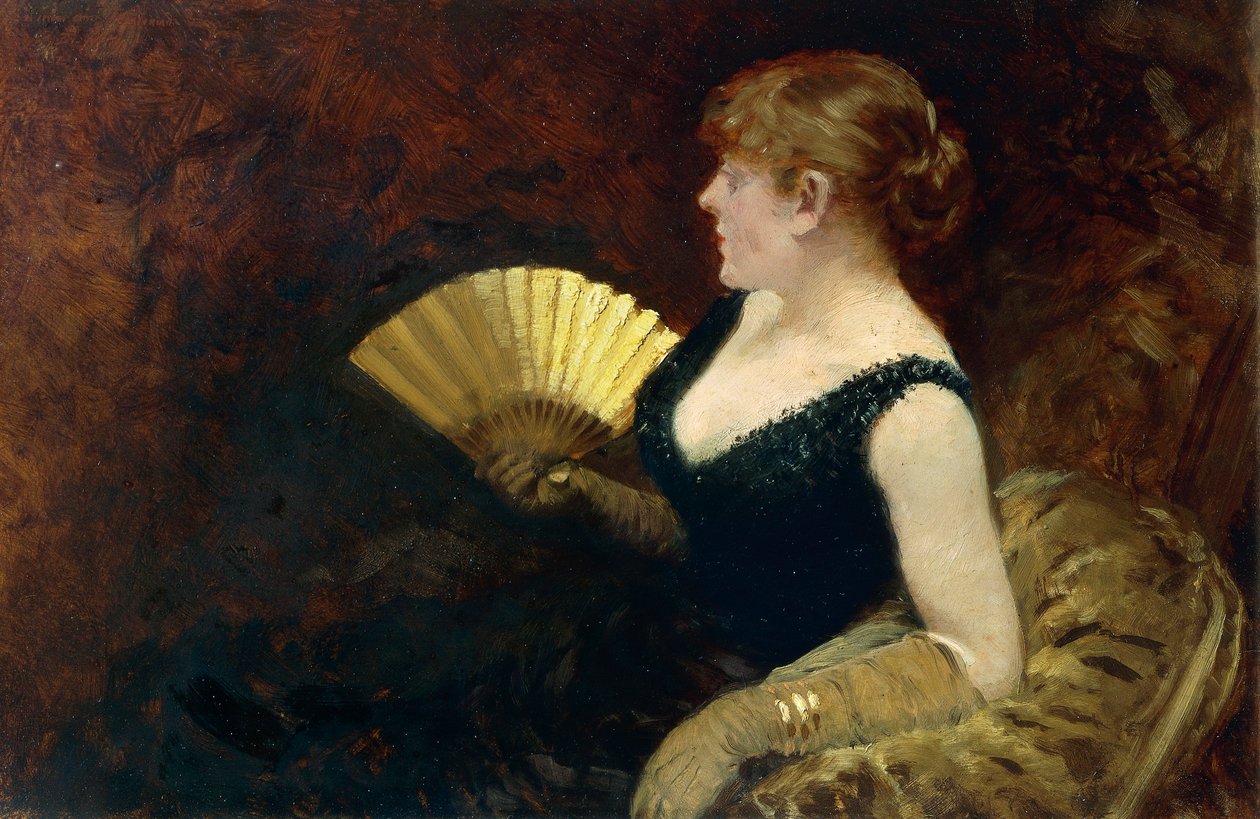 Yelpazeli kadın (tuval üzerine yağlı boya) by Giuseppe or Joseph de Nittis