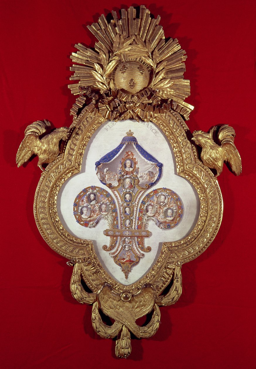 Fleur de France, Louis XV (1710-74) ve onun soyundan gelenlerin zambak şeklinde bir çerçeve içinde on üç portresini içeren soy ağacı, 1765 (altın ve emaye) by Glokeur de Surchamps