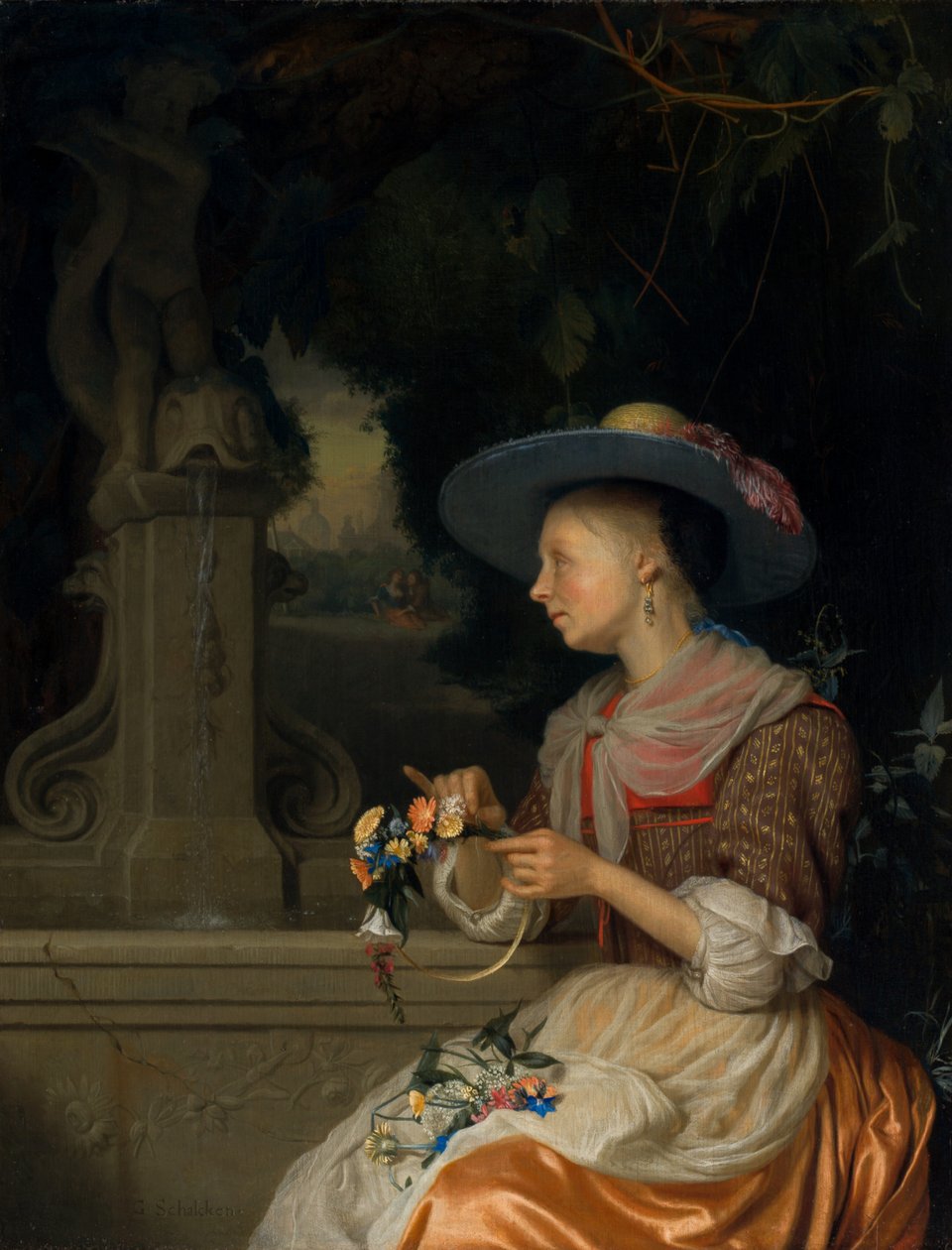 Çiçeklerden Bir Taç Dokuyan Kadın by Godefridus Schalcken