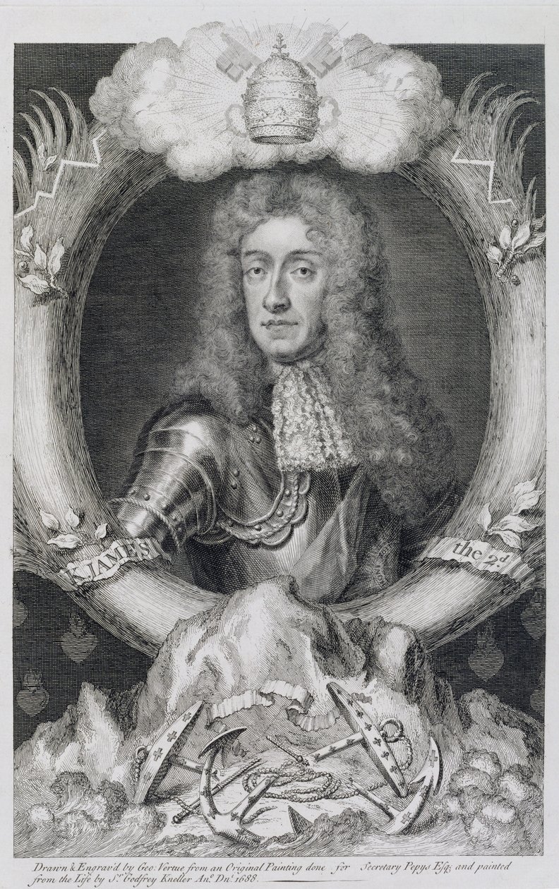 ಜಾರ್ಜ್ ವರ್ಟ್ಯೂ (1684-1756) ಟರ್ಕ್‌ನಿಂದ ಕೆತ್ತಲ್ಪಟ್ಟ ಸ್ಕಾಟ್ಲೆಂಡ್‌ನ ಜೇಮ್ಸ್ VII, ಇಂಗ್ಲೆಂಡ್‌ನ II (1633-1701) by Godfrey Kneller