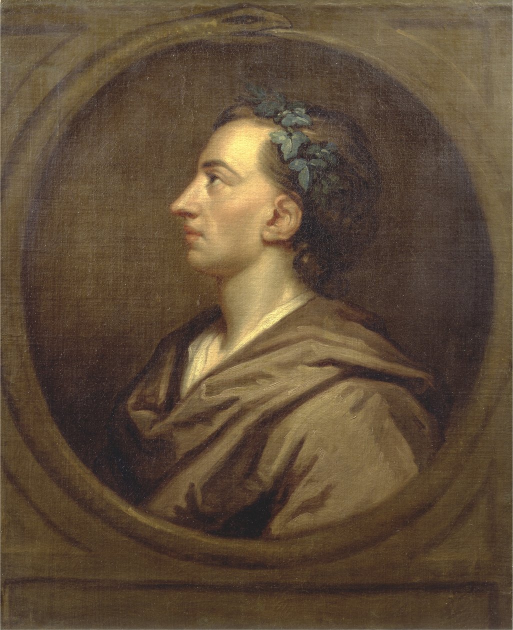 Alexander Pope (1688-1744) Profili, Sarmaşık Taçlı (tuval üzerine yağlı boya) by Godfrey (studio of) Kneller