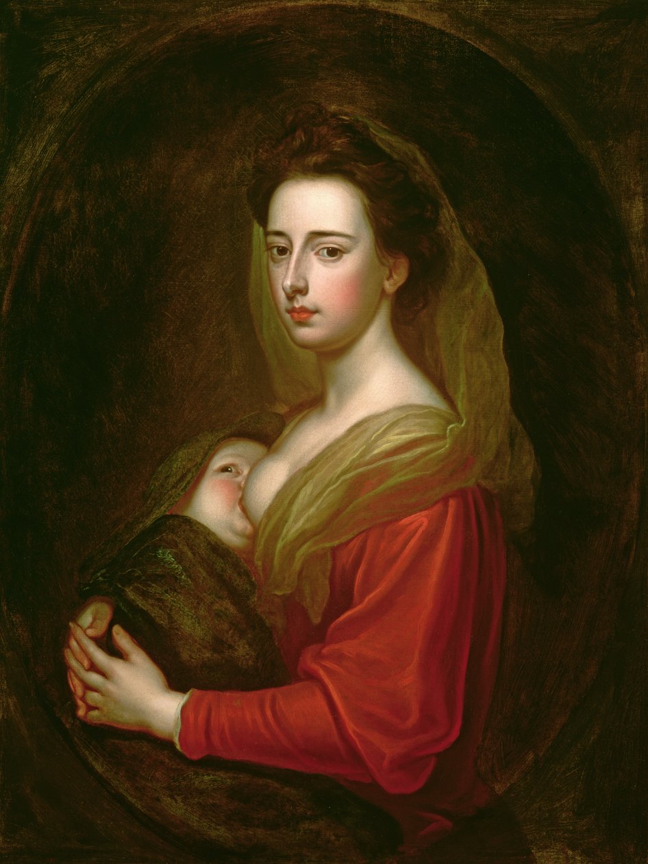 Lady Mary Boyle (1566-1673) ve Oğlu Charles Boyle'un (d.1720) portresi (boyalı oval içinde tuval üzerine yağlı boya) by Godfrey Kneller