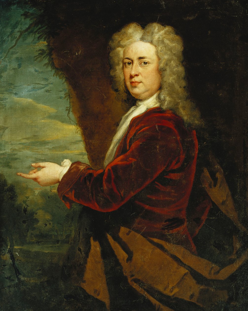 Bir Beyefendinin Portresi, Yarım Boy Ayakta, Parkta Kırmızı Kadife Ceket ve Kahverengi Pelerin Giyen, by Godfrey Kneller