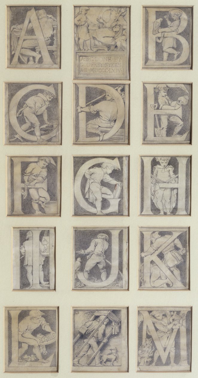 A-M, South Kensington Müzesi için Alfabe için on üç harflik tasarım, 1864 (kalem ve gri yıkama) by Godfrey Sykes