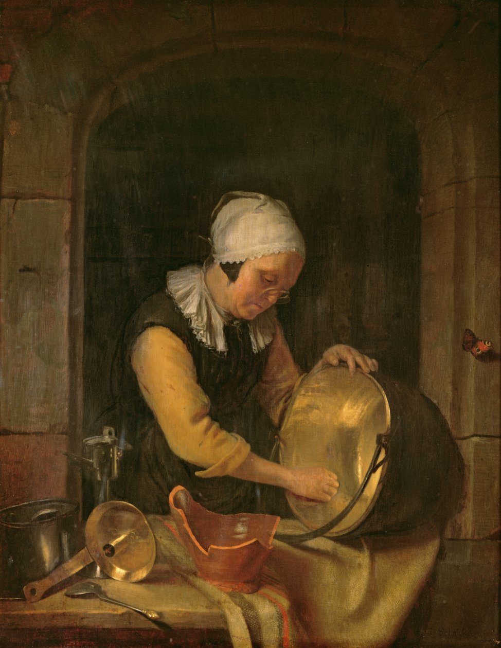 Tencereyi Ovuşturan Yaşlı Bir Kadın, 1660 dolayları (meşe üzerine yağlı boya) by Godfried Schalcken