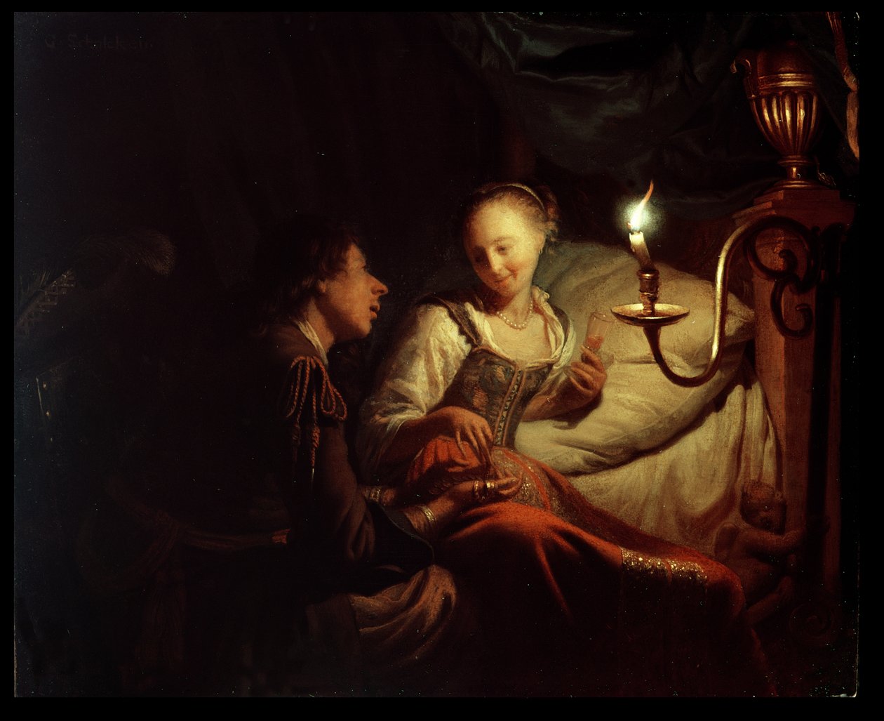 Mum Işığında Bir Sahne: Yatakta Oturan Bir Kıza Altın Zincir ve Madeni Para Sunan Bir Adam, 1665-70 dolayları (bakır üzerine yağ) by Godfried Schalcken