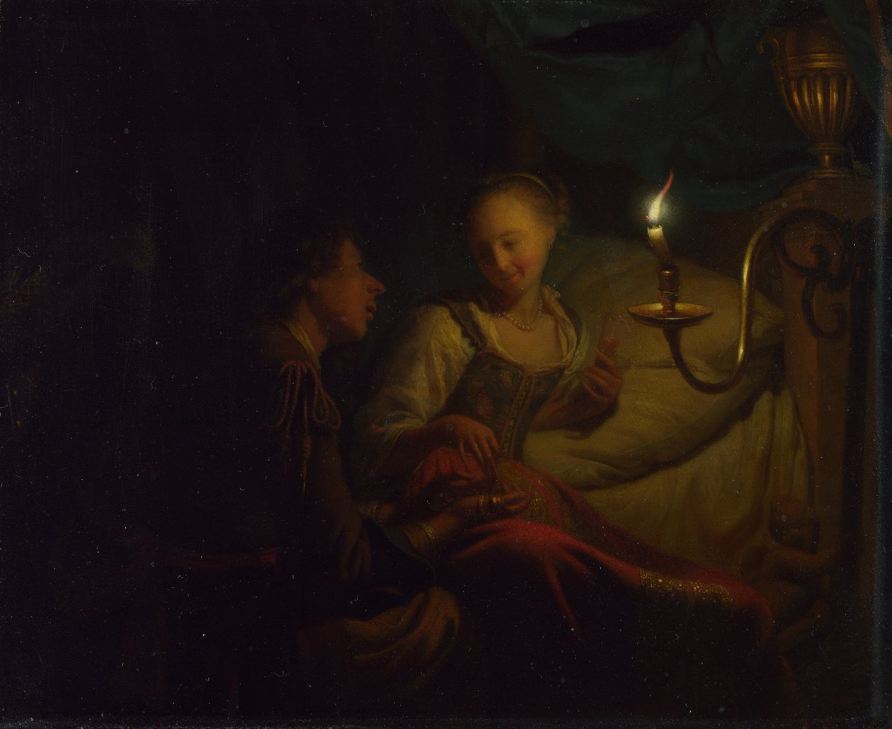 Mum Işığında Bir Sahne. Bir Yatakta Oturan Bir Kıza Altın Zincir ve Madeni Para sunan bir Adam, yaklaşık. 1665-1667 by Godfried Cornelisz Schalcken