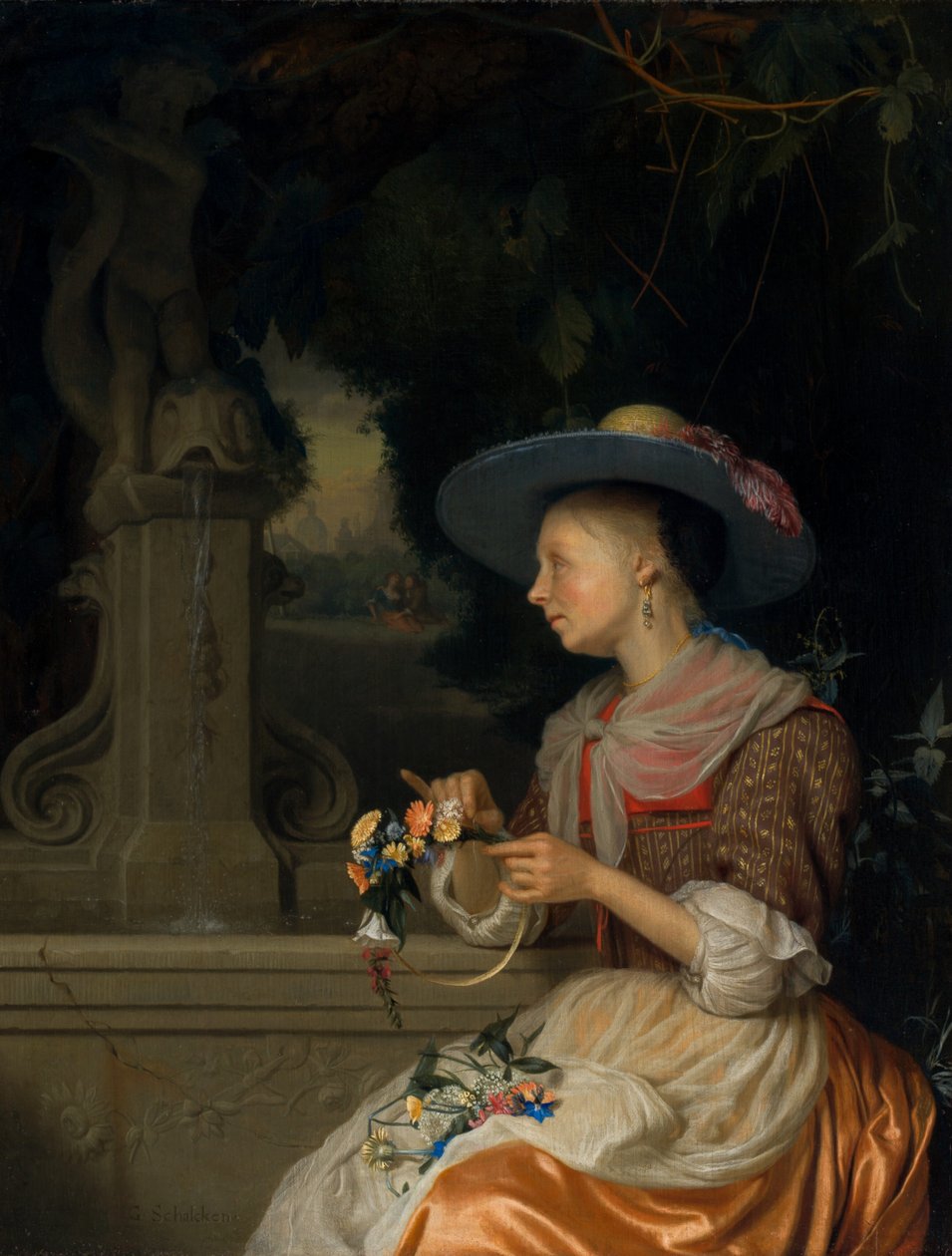Çiçeklerden Taç Dokuyan Kadın, c. 16751680. by Godfried Schalcken