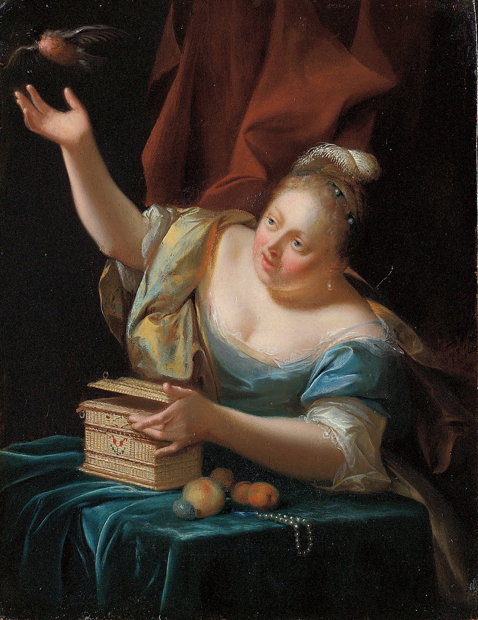 Süslü kostümlü bir masanın yanında oturan, ötücü kuşu kafesinden kurtaran bir kadın by Godfried Schalcken