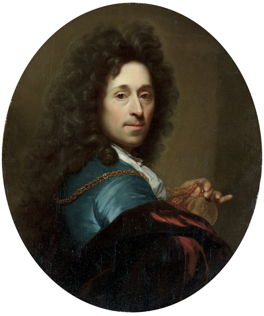 Seçici Palatine Johann Wilhelm madalyonu ile mavi bir ceket ve kahverengi kadife pelerinli sanatçının portresi by Godfried Schalcken