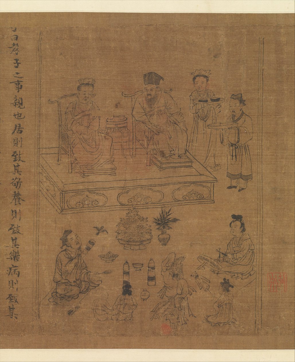 Evlada Dindarlığının Klasiği, c.1085 (ipek üzerine mürekkep ve renk) by Gonglin Li