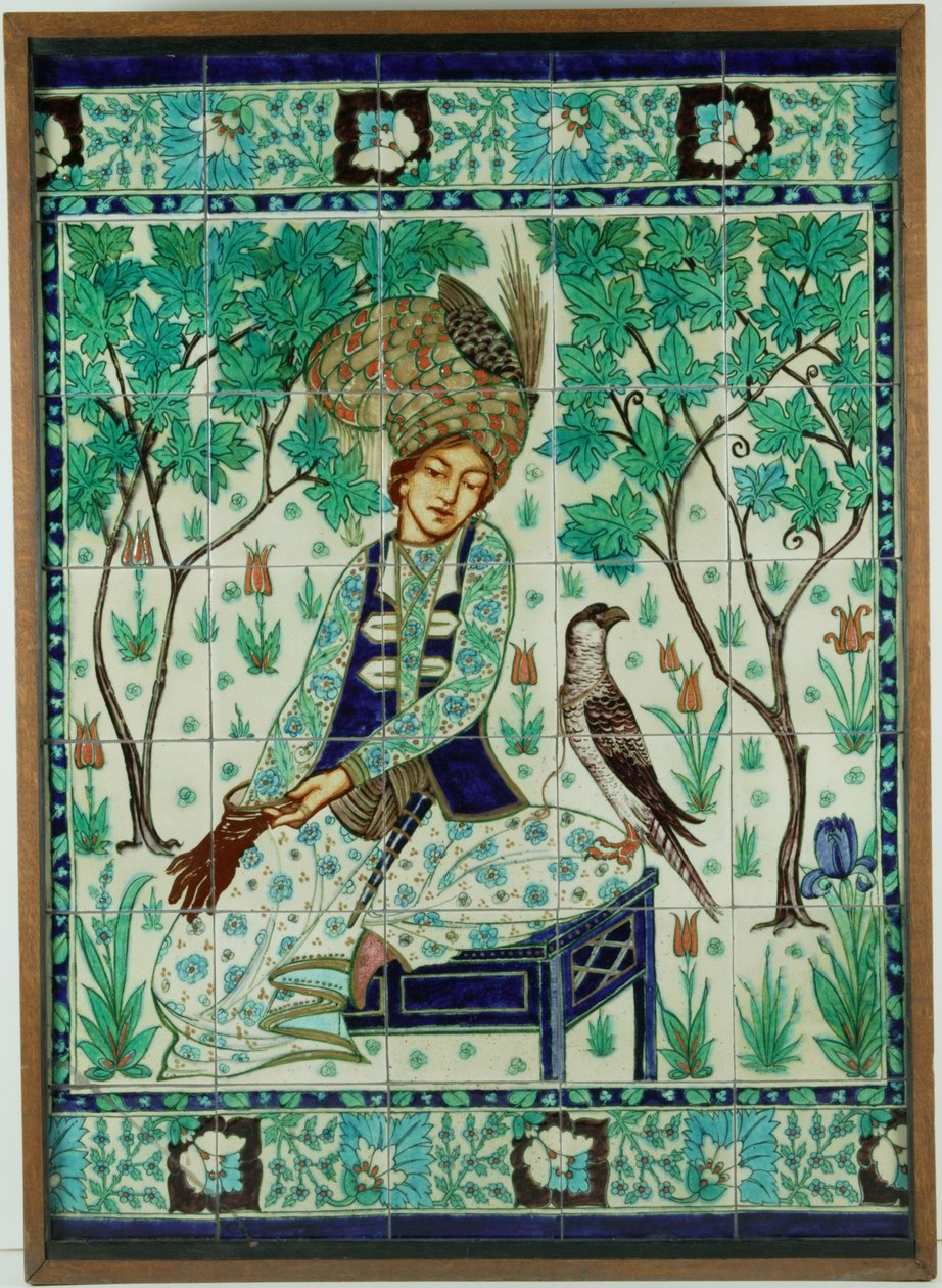 İran şahin avcısı kiremit paneli, Pilkington's Tiles Group Plc, 1910 dolayları (kaydırma kaplı toprak kap) by Gordon Mitchell Forsyth