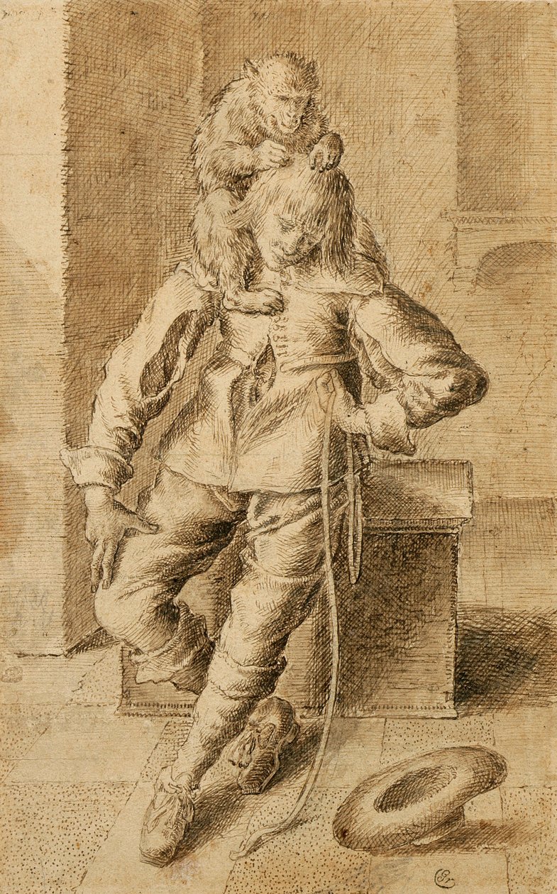 Maymunlu Bir Cavalier (bej kağıda kahverengi mürekkep ve bistre) by Gottfried Libalt