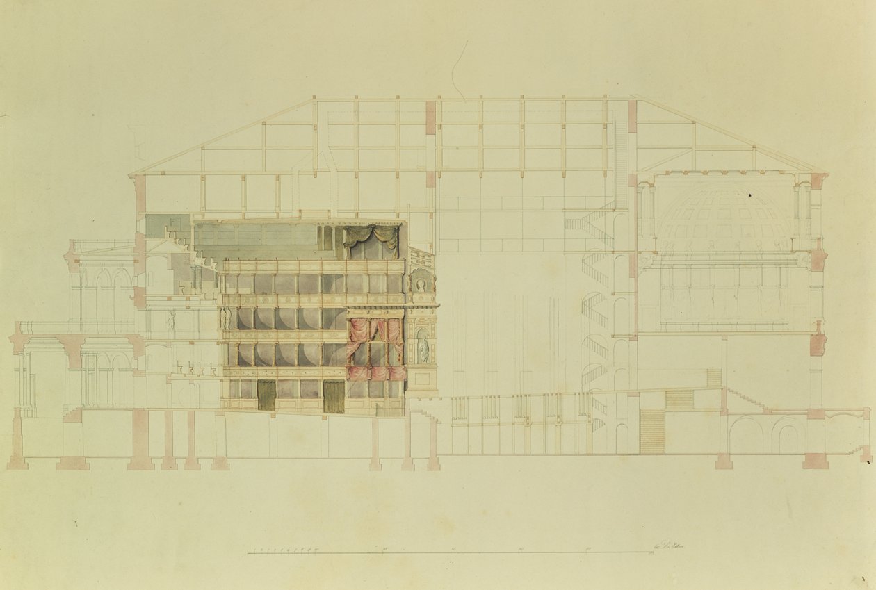Dresden Kraliyet Tiyatrosu için plan, c.1838 (kağıt üzerinde kalem & mürekkep ve wc) by Gottfried Semper