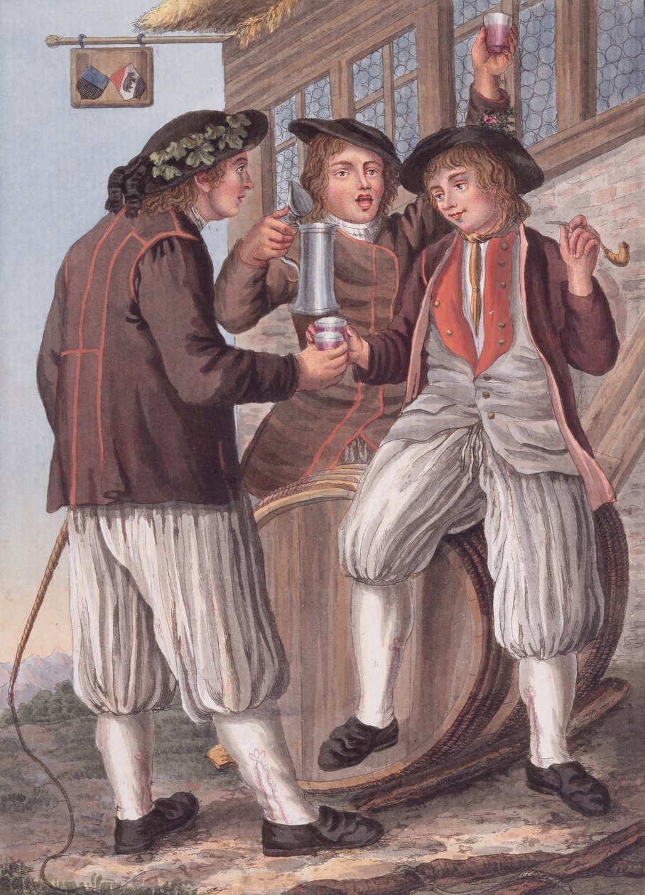 Üç Bacchus, Morat Kasabası Kostümlü Köylüler, İsviçre (litografi) by Gottfried (after) Locher