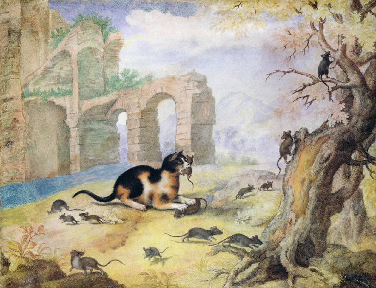 Bir manzarada fareleri öldüren kedi (kağıt üzerinde yıkama ile kalem ve mürekkep) by Gottfried Mind or Mindt