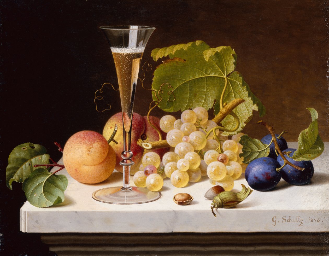 Mermer çıkıntı üzerinde üzüm, şeftali, erik, fındık ve bir kadeh şampanya by Gottfried Schultz