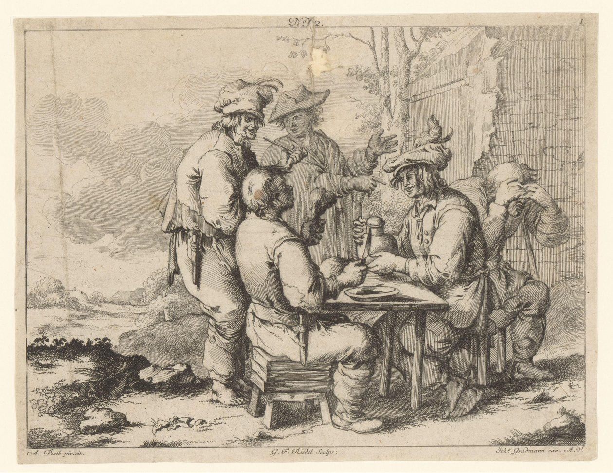 Açık havada masada beş çiftçi Kırsal rahatlık (dizi adı) by Gottlieb Friedrich Riedel