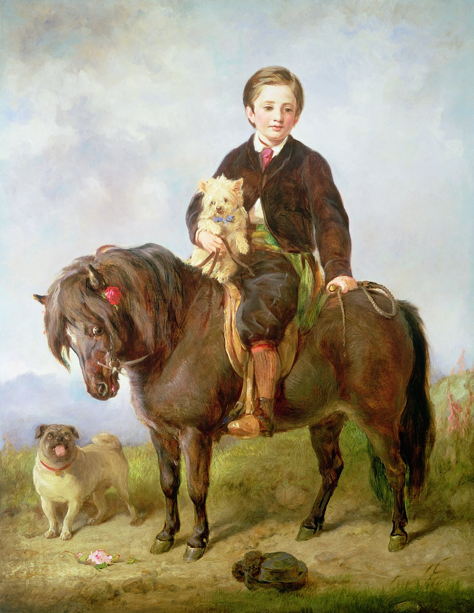 John Samuel Bradford as a boy seated on a shetland pony with a pug dog, 19th century by Gourlay Steel