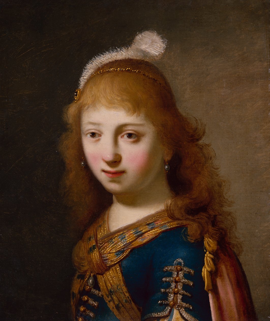 Mavi Elbiseli, Kırmızı Pelerinli Genç Kız (tuval üzerine yağlı boya) by Govaert Flinck