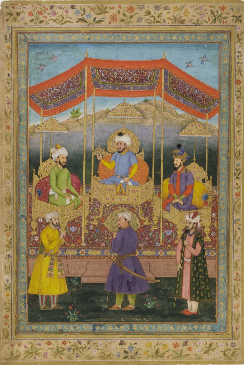 Babür hükümdarlarının ata grubu (kağıt üzerinde wc, mürekkep ve altın) by Govardhan