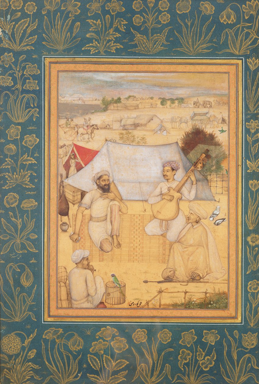 Müzisyenler ve şarkıcılar Babür Kampının eteklerinde diz çöküyor. Bir Yogi ve Bir Hizmetkar Onları Dinleyin, Minto Albümünden, c.1630 by Govardhan