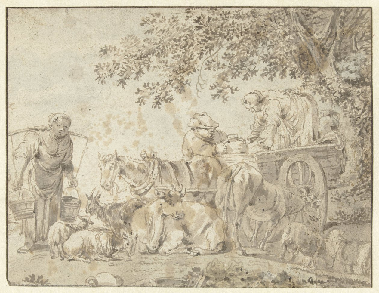 Çiftlik vagonunda çiftçiler ve sığırlar by Govert Dircksz. Camphuysen (possibly)