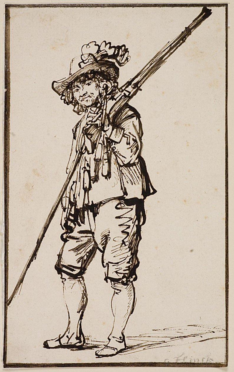 Omzunun üzerinde bir tüfekle ayakta duran bir asker by Govert Flinck