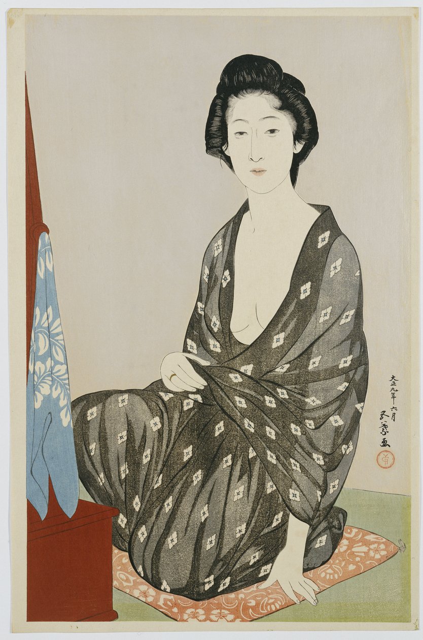 Beyaz hanabishi desenli siyah kimono giymiş bir güzel, aynanın önünde oturuyor, 1920 by Goyo Hashiguchi
