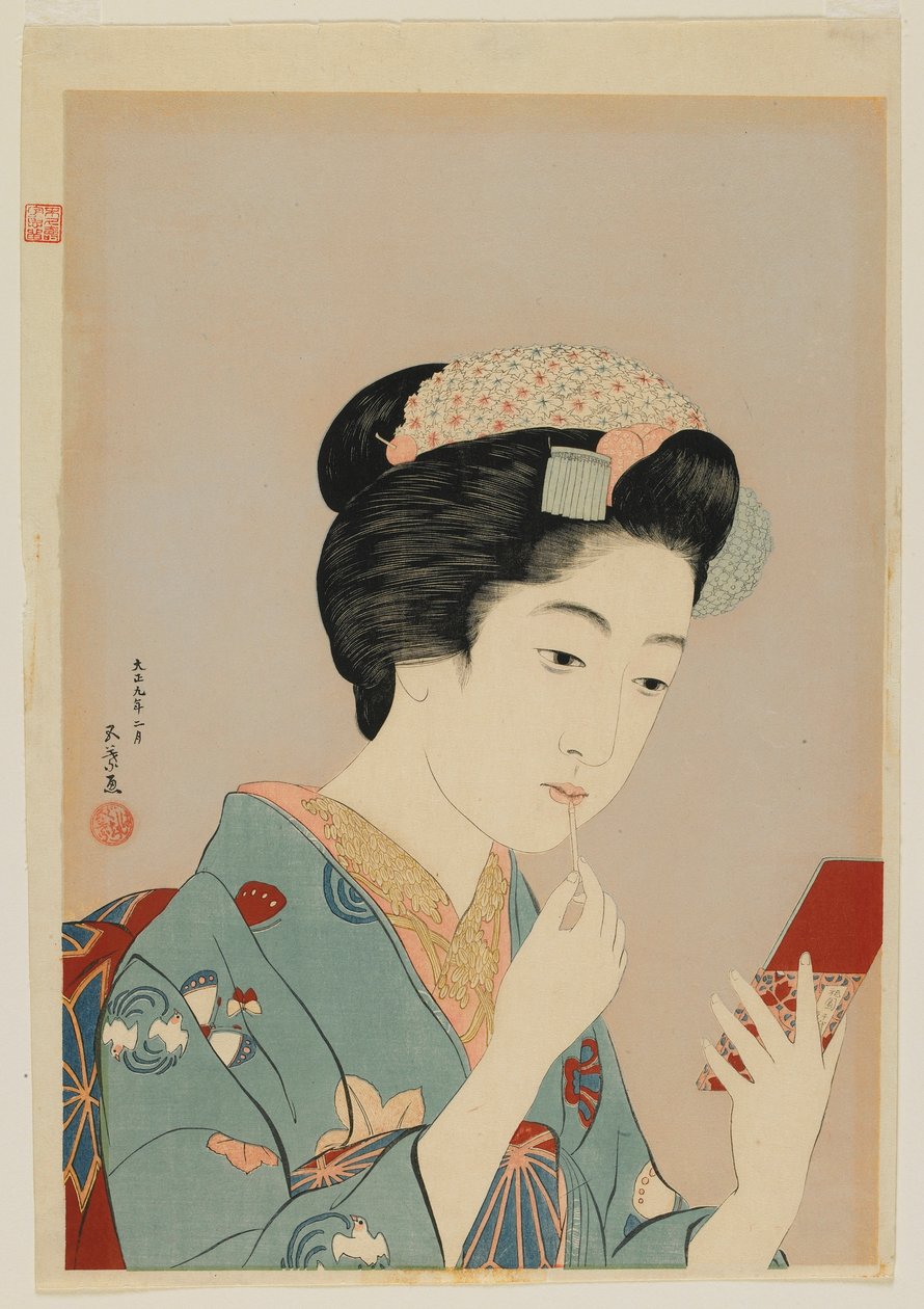 Lip Rouge Uygulayan Kadın, Taisho dönemi, Şubat 1920 (renkli tahta baskı) by Goyo Hashiguchi