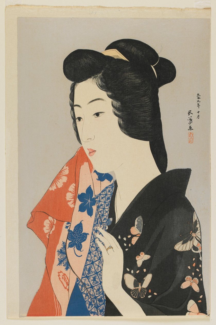 Havlu Tutan Kadın, Taisho dönemi, Ekim 1920 (renkli tahta baskı) by Goyo Hashiguchi