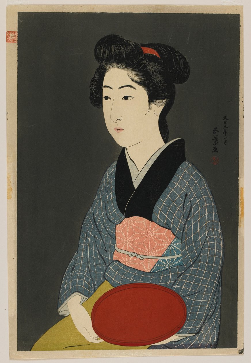 Tepsi Tutan Kadın, Taisho dönemi, Ocak 1920 (renkli tahta baskı) by Goyo Hashiguchi